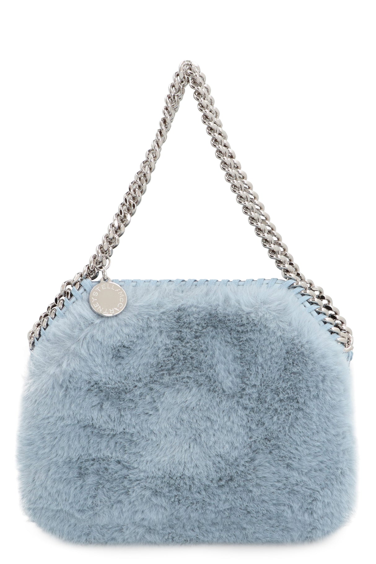 STELLA MCCARTNEY Eco-Friendly Light Blue Mini Tote with Silver-Tone Chain Detail, Cruelty-Free Faux Fur, 19x15 cm