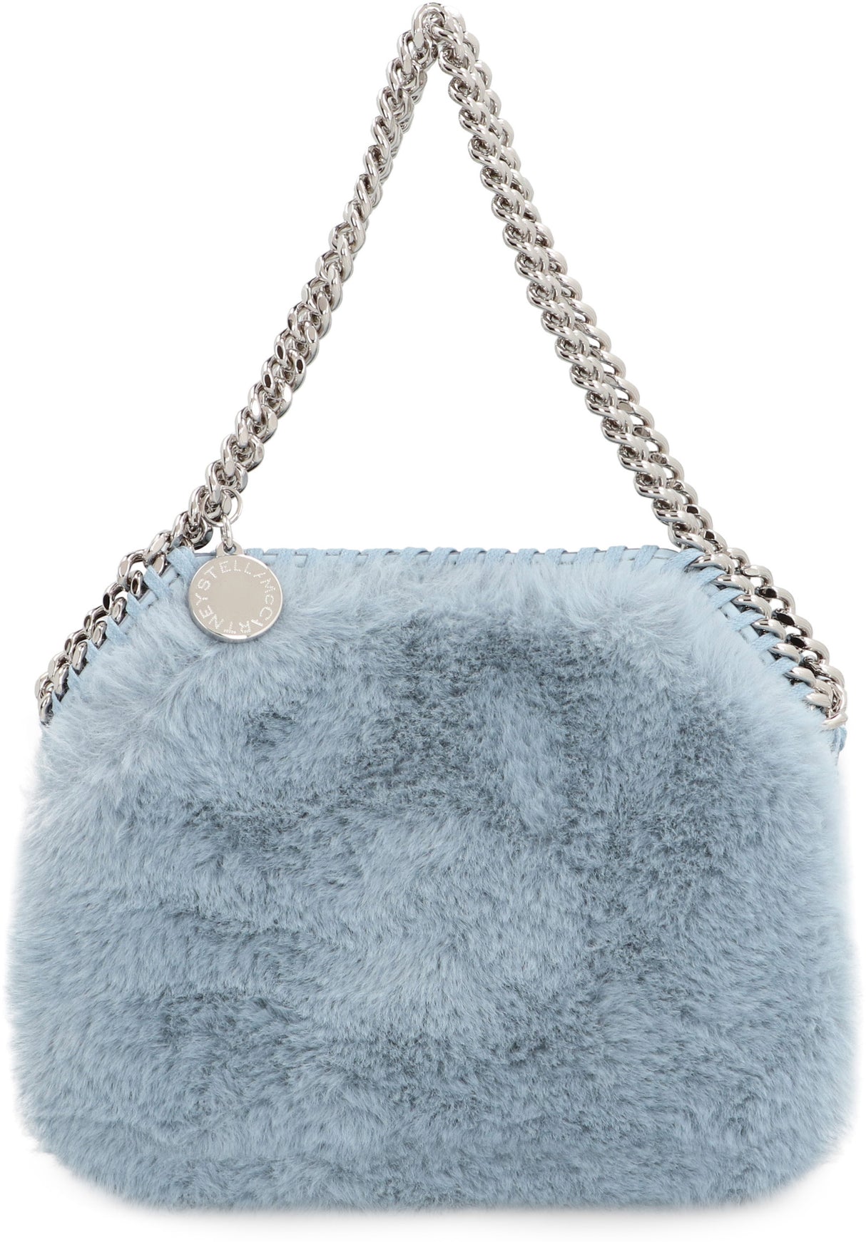 STELLA MCCARTNEY Eco-Friendly Light Blue Mini Tote with Silver-Tone Chain Detail, Cruelty-Free Faux Fur, 19x15 cm