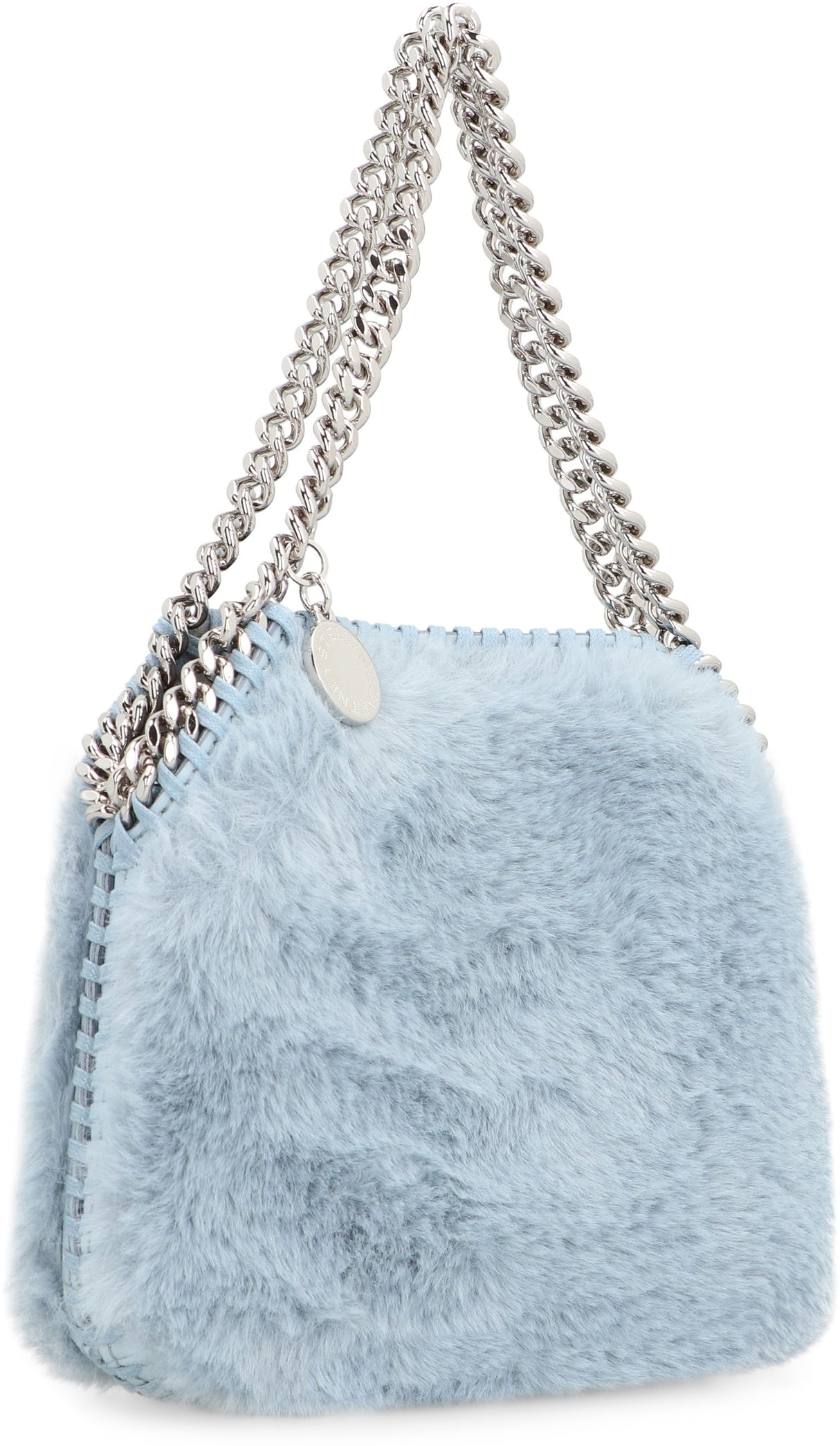 STELLA MCCARTNEY Eco-Friendly Light Blue Mini Tote with Silver-Tone Chain Detail, Cruelty-Free Faux Fur, 19x15 cm