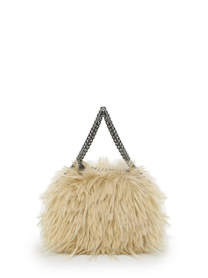 STELLA MCCARTNEY Maxi Falabella Cream Vegan Fabric Handbag with Silver Chain Detail, 26.5x23.5x10 cm