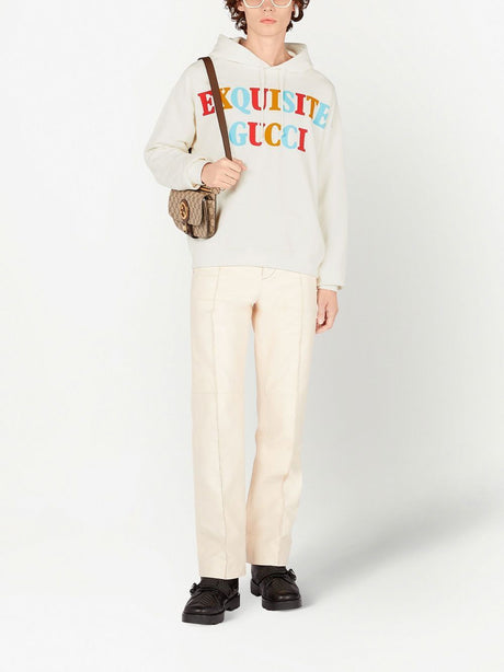 Cream Cotton T-Shirt Hoodie with Exquisite Gucci Print for Men