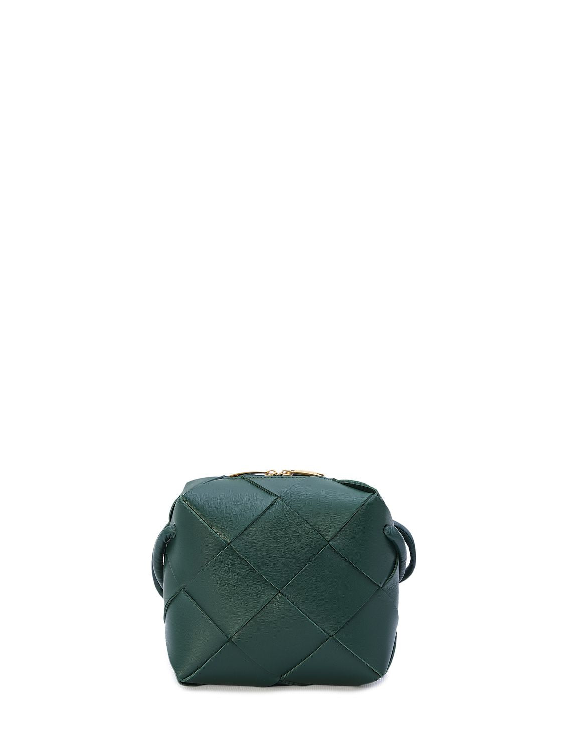 BOTTEGA VENETA Emerald Green Mini Cassette Camera Lambskin Crossbody Bag with Intreccio Motif, Knot Details, and Zip Closure - 5.7x5.7x3in