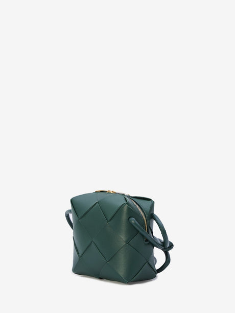 BOTTEGA VENETA Emerald Green Mini Cassette Camera Lambskin Crossbody Bag with Intreccio Motif, Knot Details, and Zip Closure - 5.7x5.7x3in