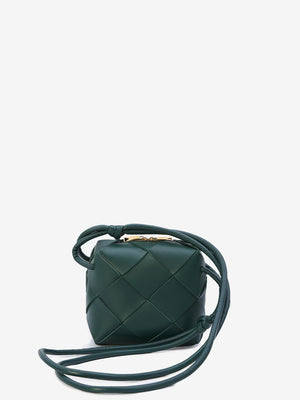 BOTTEGA VENETA Emerald Green Mini Cassette Camera Lambskin Crossbody Bag with Intreccio Motif, Knot Details, and Zip Closure - 5.7x5.7x3in