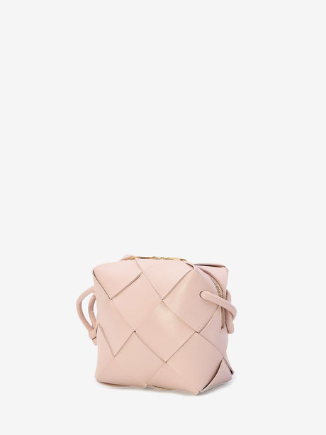 BOTTEGA VENETA Mini Pink Lambskin Crossbody Bag with Intrecciato Motif and Knotted Strap - 5.7"x5.7"x3"