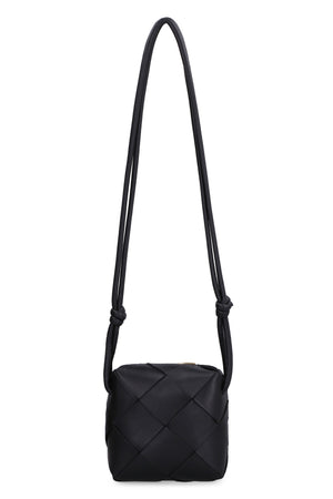 BOTTEGA VENETA Mini Black Lambskin Crossbody Bag with Intreccio Weave and Knotted Strap, 5.7x5.7x3 Inches