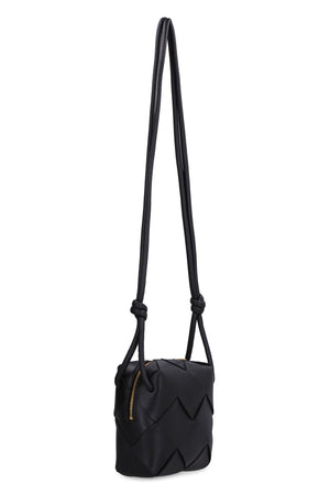 BOTTEGA VENETA Mini Black Lambskin Crossbody Bag with Intreccio Weave and Knotted Strap, 5.7x5.7x3 Inches