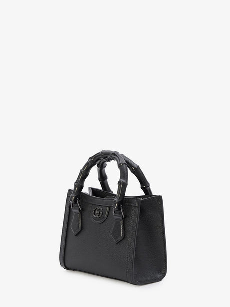 GUCCI Black Grained Leather Mini Handbag with Enameled Bamboo Handles and Adjustable Straps, 19.5x15x10 cm