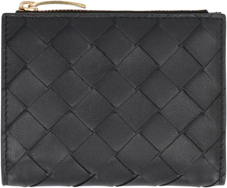 Stylish Black Leather Wallet with Intrecciato Pattern for Women