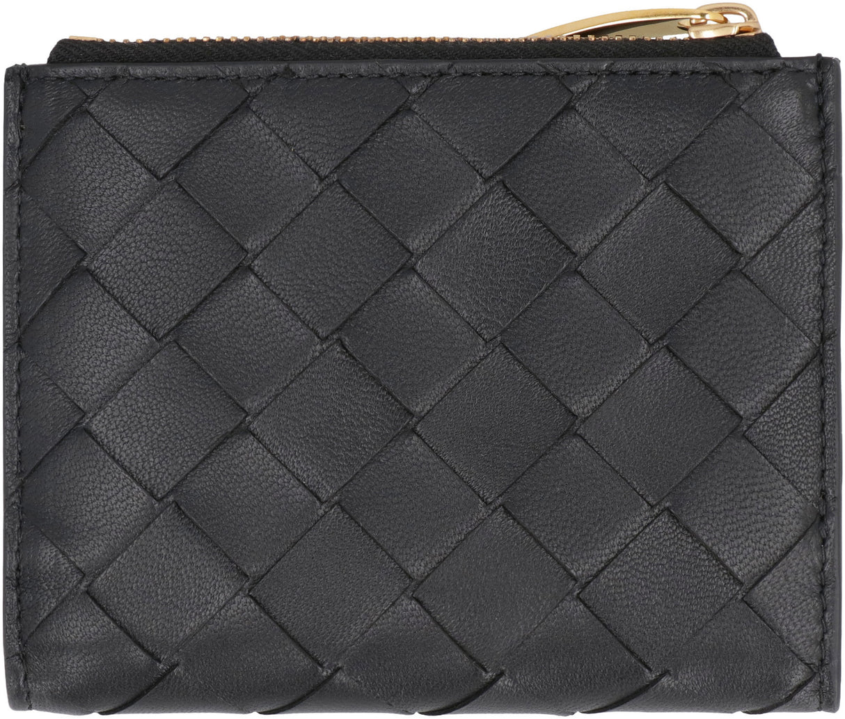 Stylish Black Leather Wallet with Intrecciato Pattern for Women