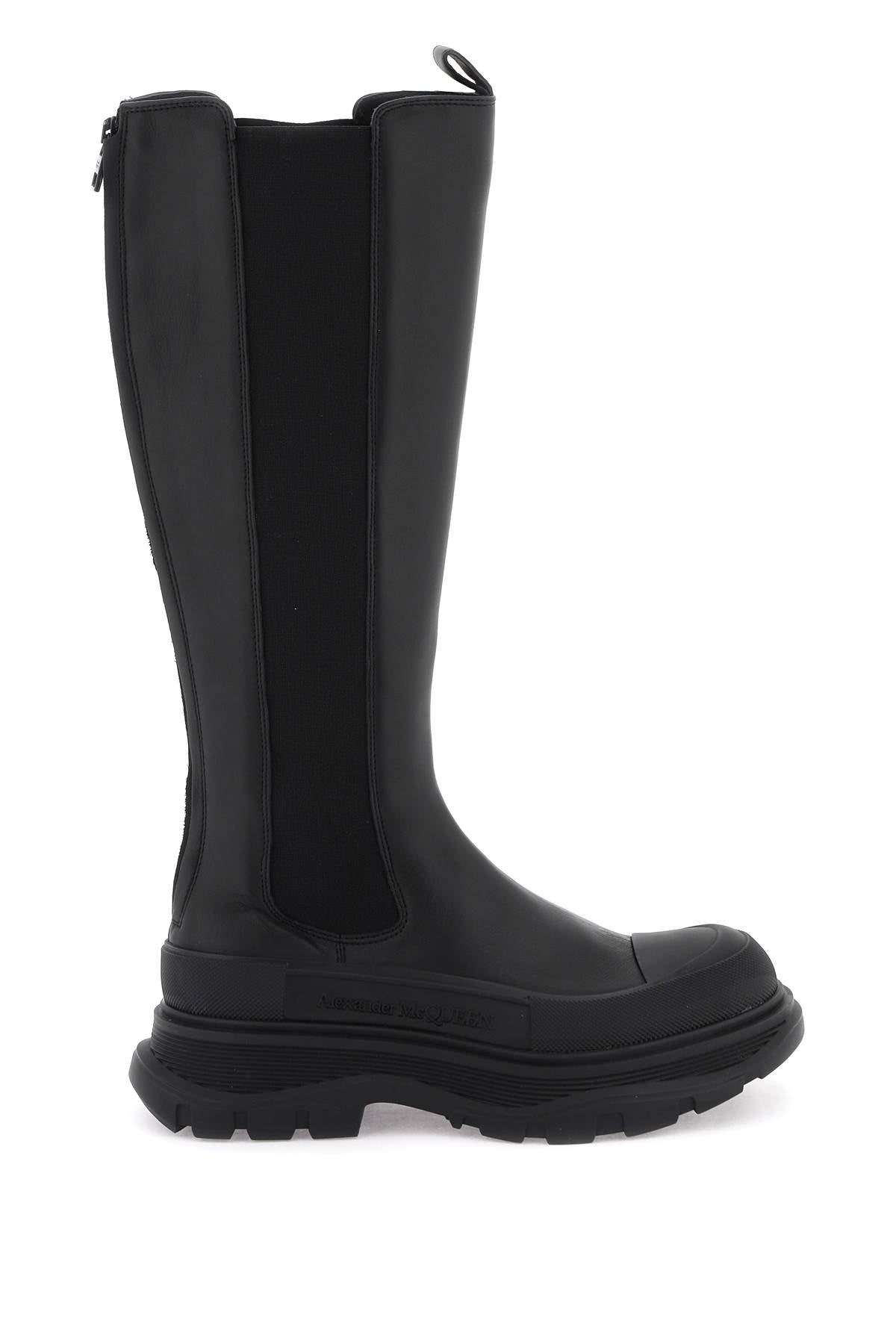 ALEXANDER MCQUEEN Sleek Black Leather Tread Boots for Women | SS24 Collection