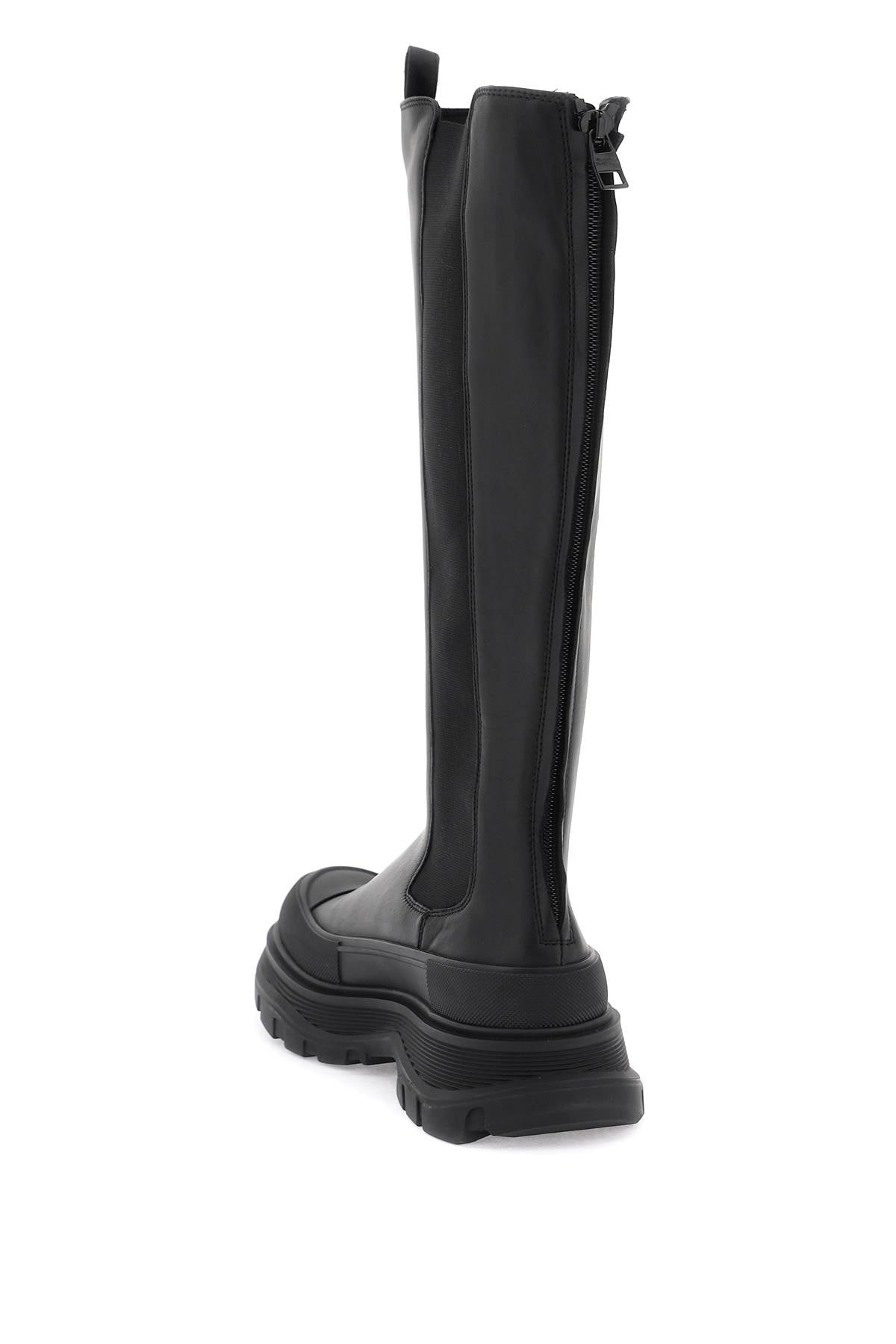 ALEXANDER MCQUEEN Sleek Black Leather Tread Boots for Women | SS24 Collection