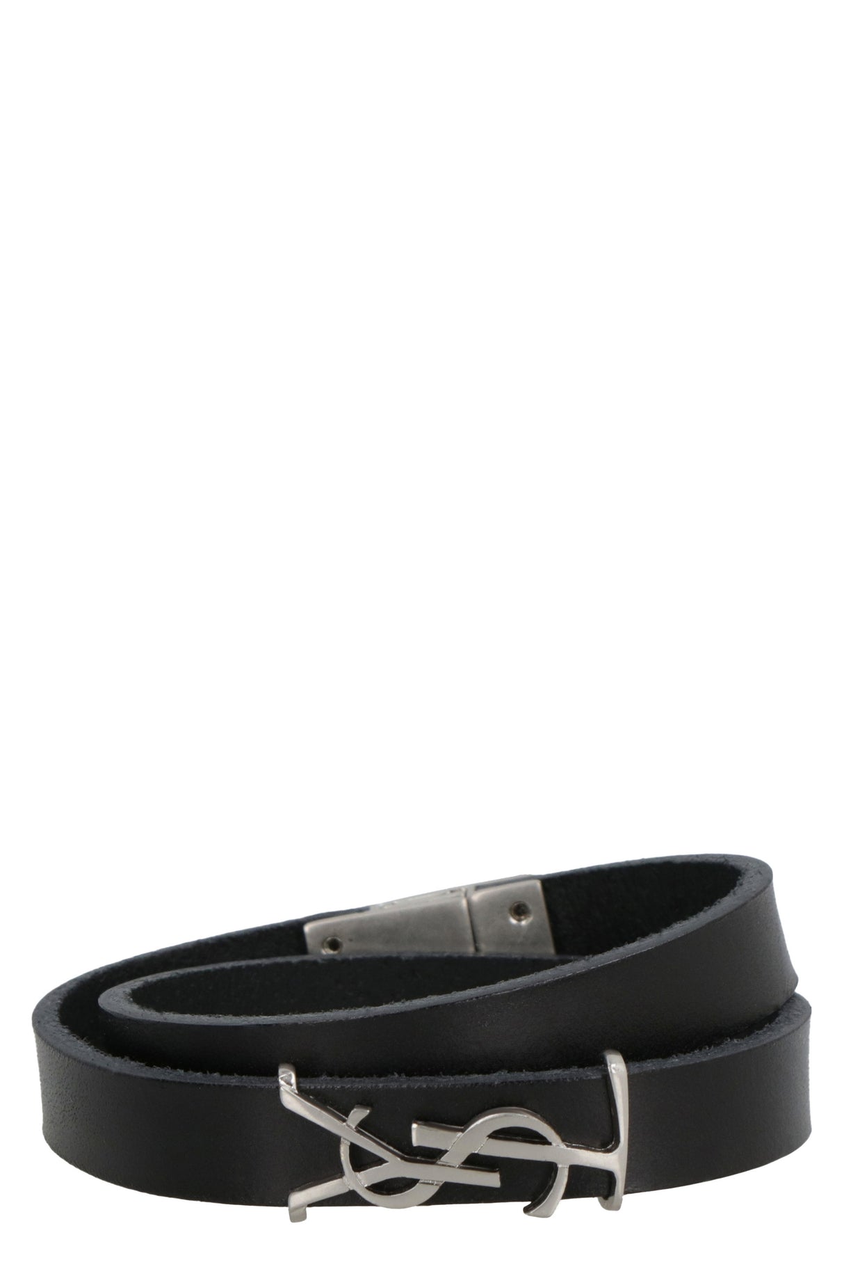 SAINT LAURENT Black Leather Opyum Double-Wrap Bracelet for Men