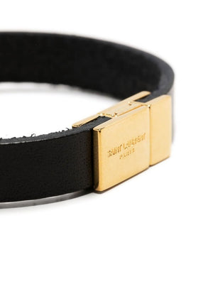 SAINT LAURENT Sleek Black Leather Bracelet for Women with Gold Logo Detail | FW23