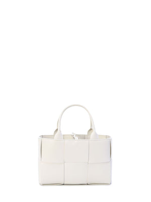 White Intreccio Pattern Handbag with Fixed Handles and Detachable Strap