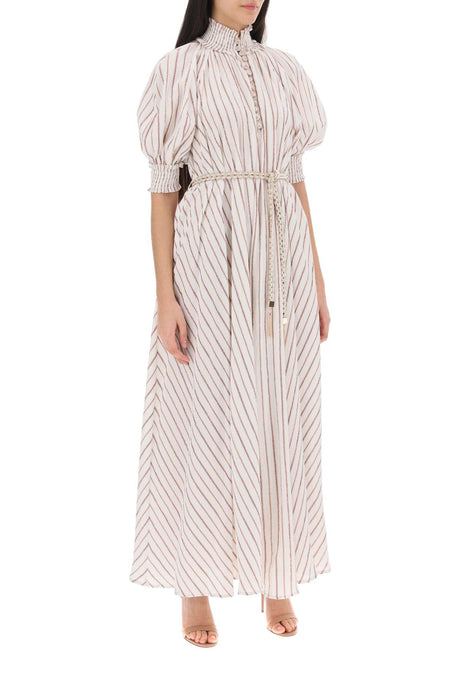 Shirred High Neck Striped Maxi Dress with Balloon Sleeves
