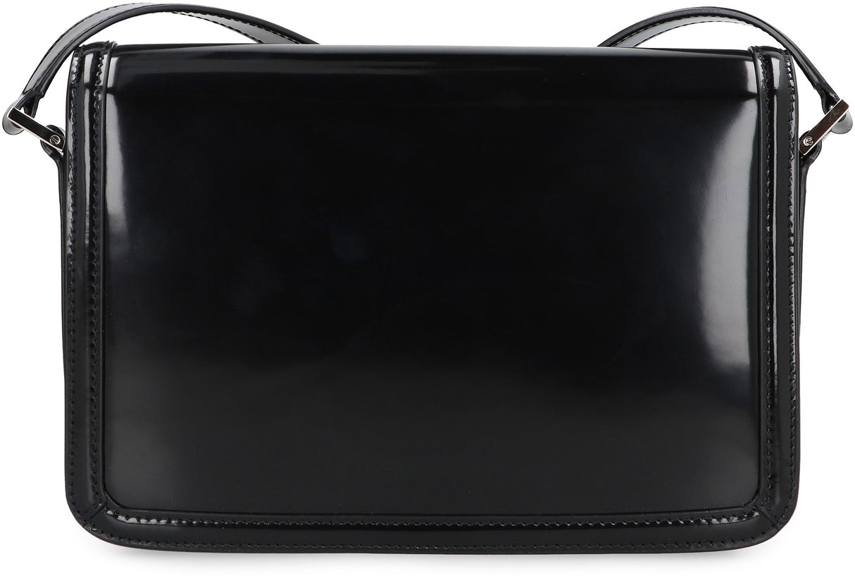 Black Leather Messenger Bag with Flip-Lock Closure and Adjustable Strap