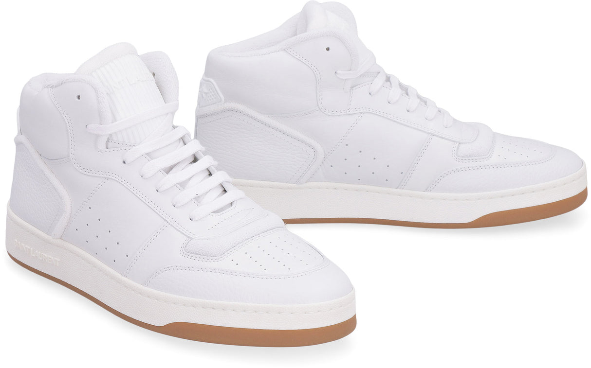 SAINT LAURENT White Mid-Top Leather Sneakers for Men