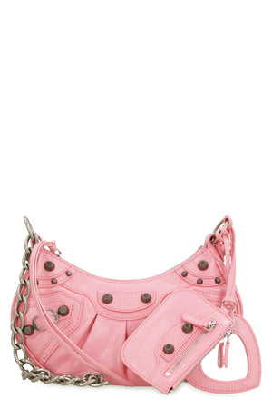 Crossbody Handbag with Studs and Chain Strap in Pink Leather