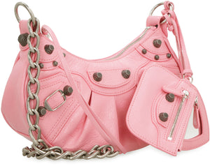 Crossbody Handbag with Studs and Chain Strap in Pink Leather