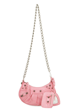 Crossbody Handbag with Studs and Chain Strap in Pink Leather