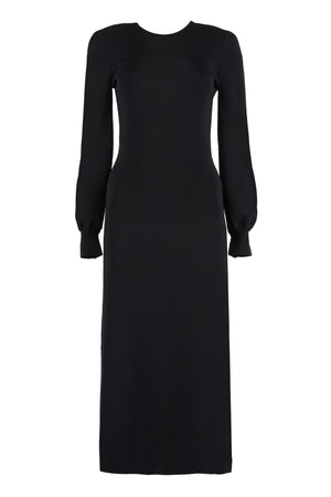 高质量黑色粘胶连衣裙，设计独特的后背钥匙孔和扩展的下摆