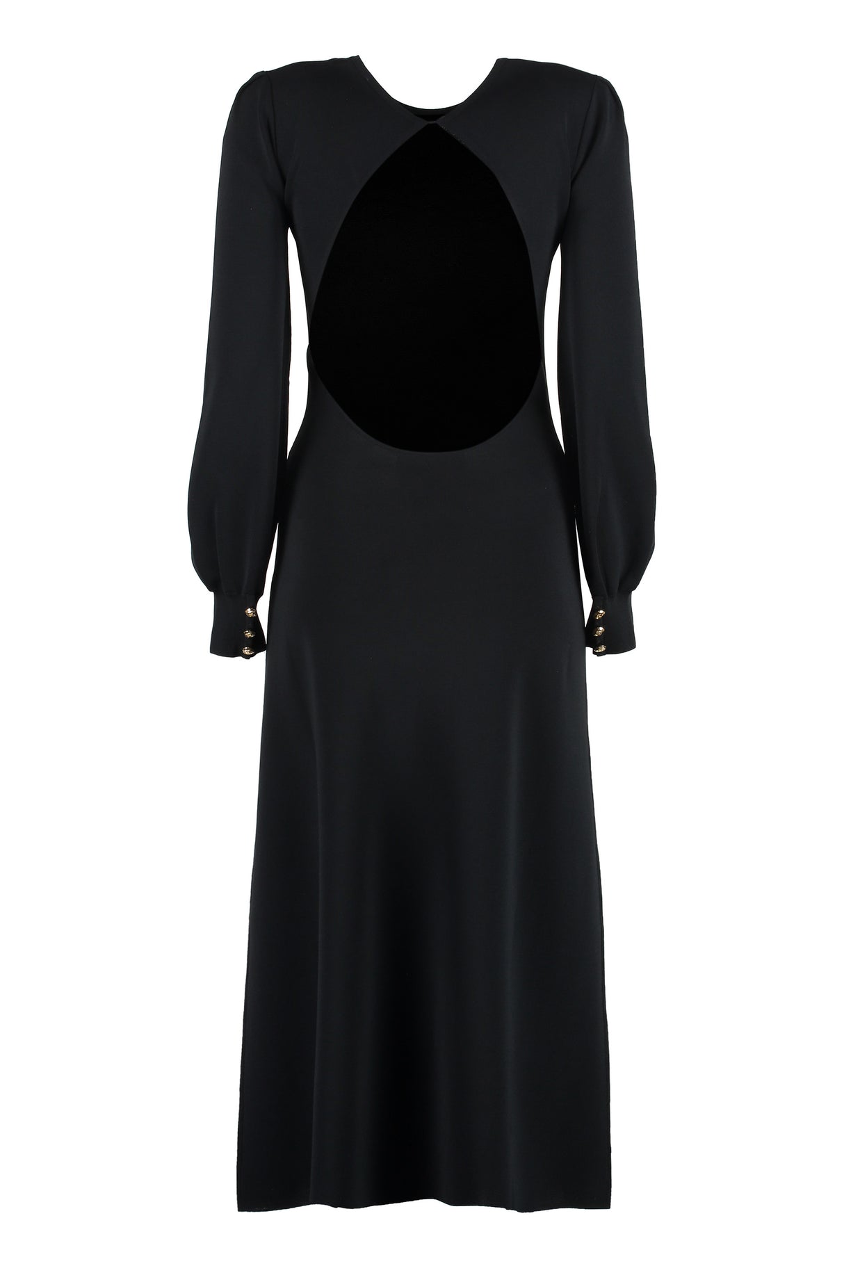 高质量黑色粘胶连衣裙，设计独特的后背钥匙孔和扩展的下摆