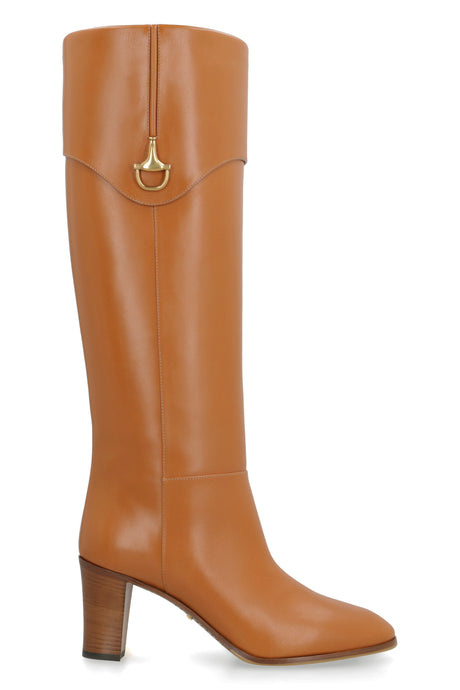 GUCCI Brown Leather Half Horsebit Boots - Women's Almond Toe Mid-Heel Shoes