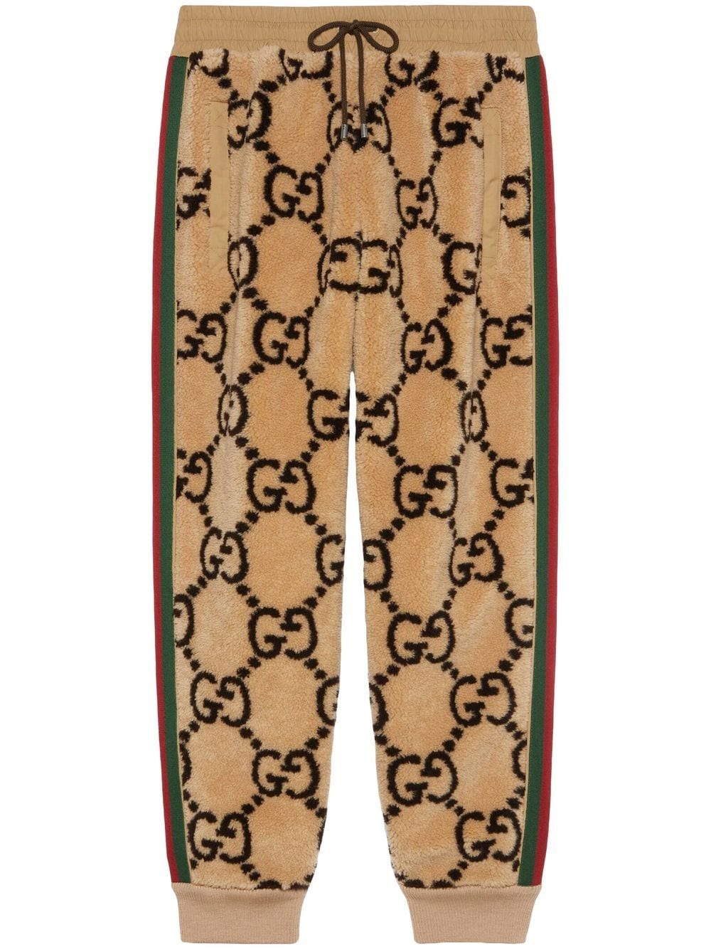 GUCCI Beige and Ebony Joggers with Faux Fur and Green/Red Web Detail