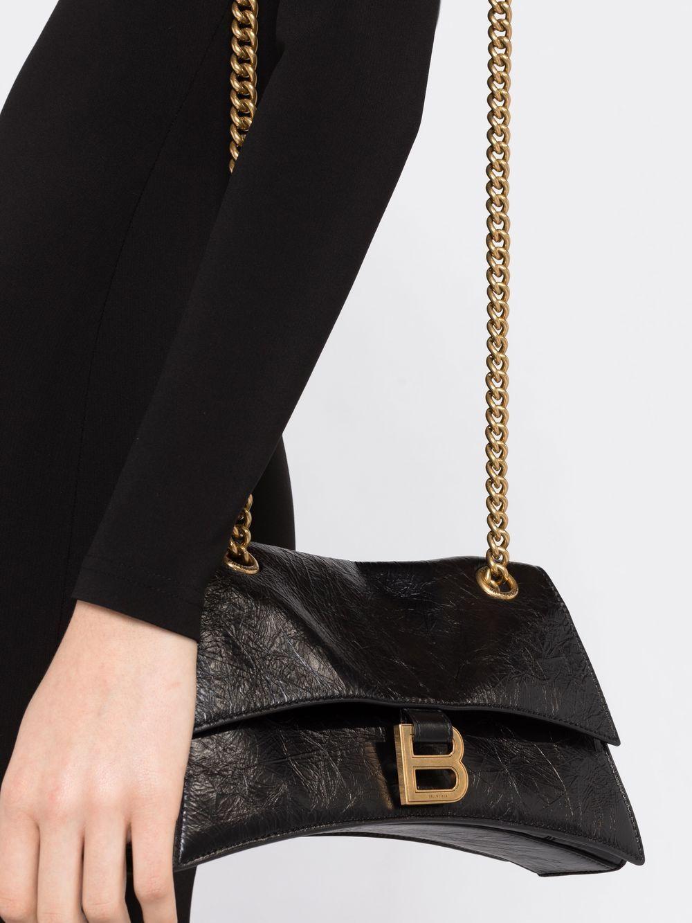 BALENCIAGA Black Calfskin Crush Mini Shoulder Bag with Antique-Gold Accents and Adjustable Chain - 14x25x8.5 cm