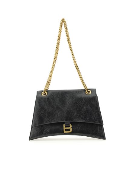 BALENCIAGA Crush Medium Black Calfskin Shoulder Bag with Antique-Gold Accents, 19x32x11 cm