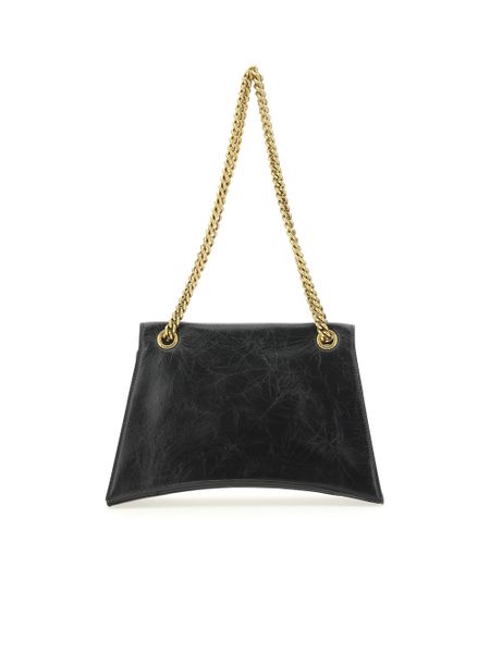 BALENCIAGA Crush Medium Black Calfskin Shoulder Bag with Antique-Gold Accents, 19x32x11 cm