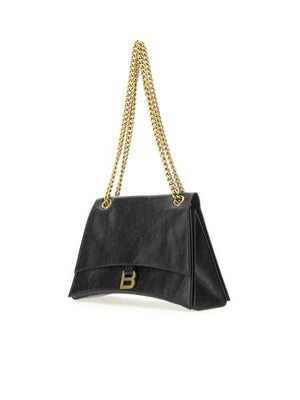 BALENCIAGA Crush Medium Black Calfskin Shoulder Bag with Antique-Gold Accents, 19x32x11 cm