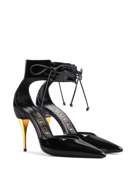 GUCCI Black Patent Leather Pumps with Adjustable Ankle Strap - Pointed Toe, Stiletto Heel, Leather Sole, Size ITA