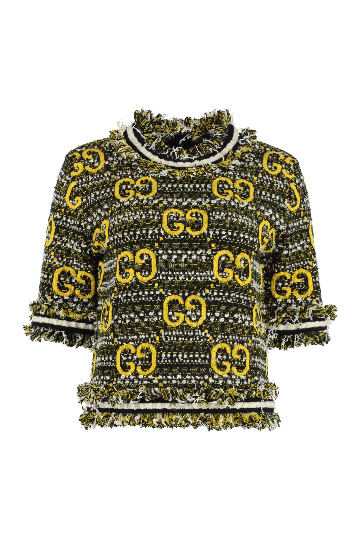 GUCCI Multicolor Mohair-Wool Sweater with GG Motif and Fringes