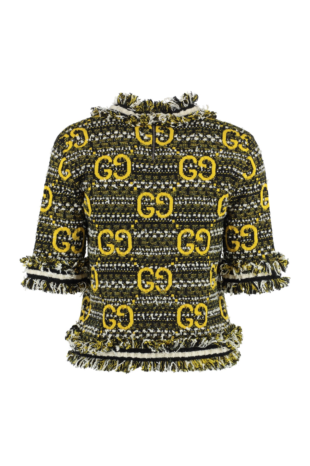 GUCCI Multicolor Mohair-Wool Sweater with GG Motif and Fringes