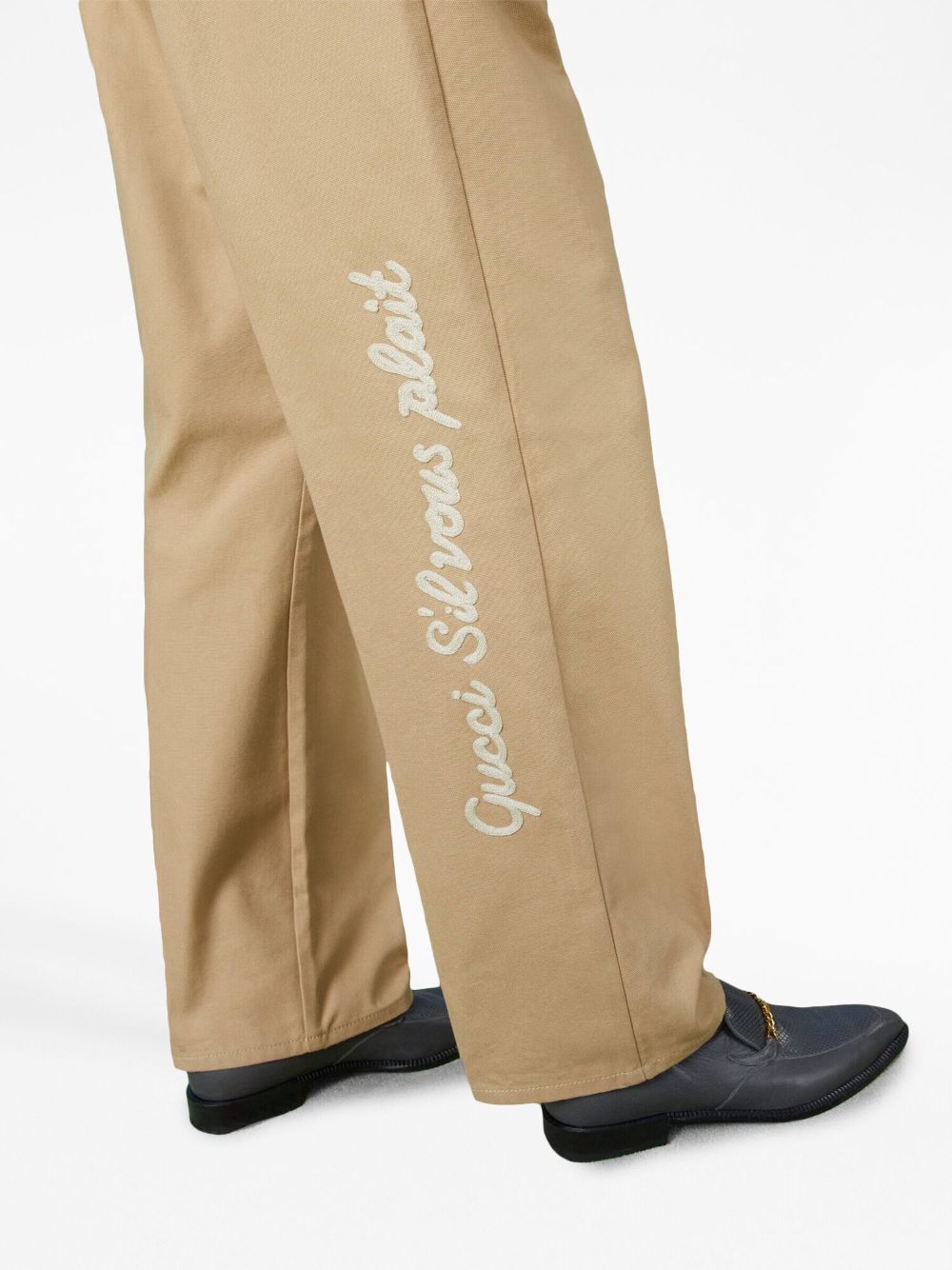 GUCCI Beige Cotton Pants with Embroidered Detail and Zip/Button Closure