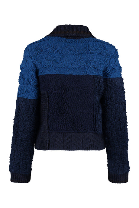 BOTTEGA VENETA Blue Patchwork V-Neck Sweater with Ribbed Collar and Cuffs for Women