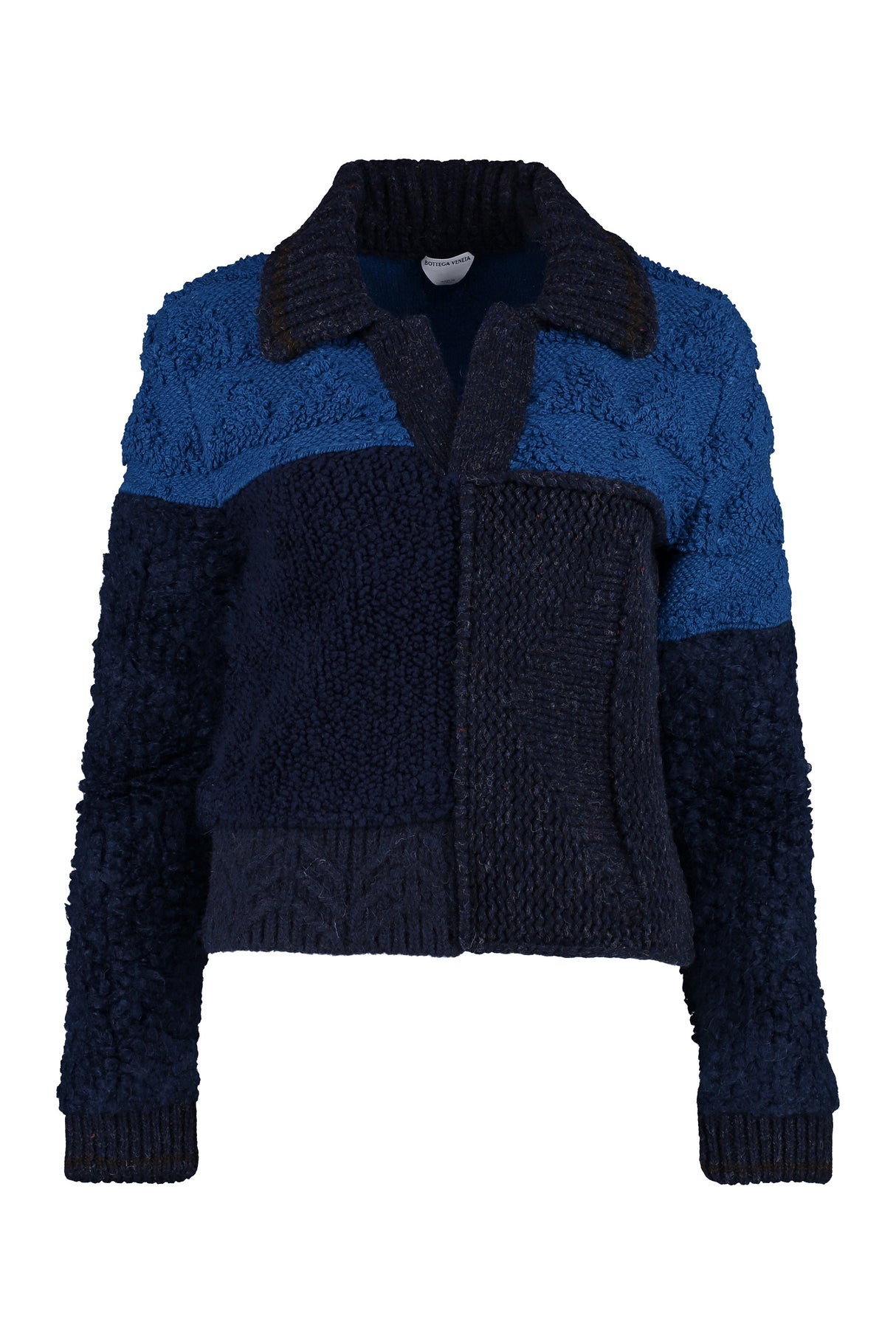 Women's Blue Wool V-Neck Sweater with Patchwork Effect - FW22