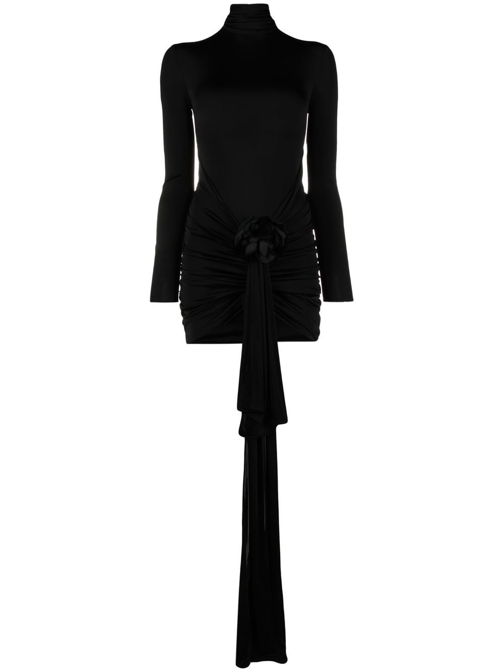 Luxurious Black Velvet Rose-Appliqué Mini Dress