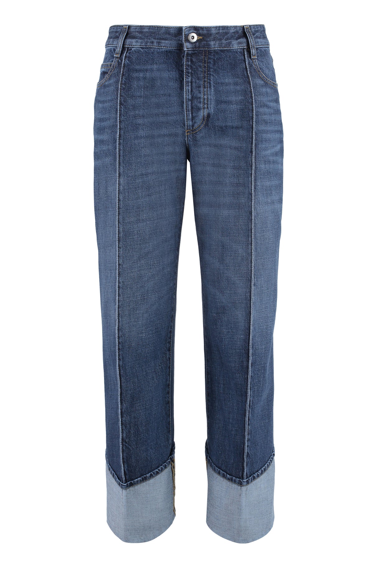 Light Blue Cropped Jeans with Curved Hems and Central Details