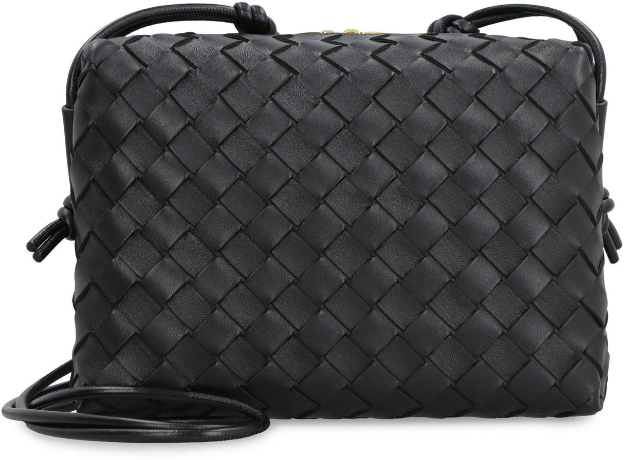 Small Loop Camera Crossbody Bag in Black Lambksin with Intrecciato Pattern