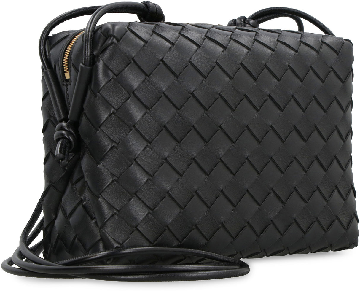 Small Loop Camera Crossbody Bag in Black Lambksin with Intrecciato Pattern