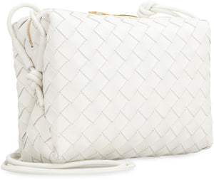 Classic White Leather Camera Handbag with Intrecciato Motif and Decorative Knots