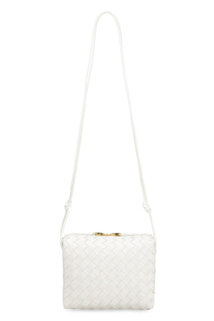 Classic White Leather Camera Handbag with Intrecciato Motif and Decorative Knots