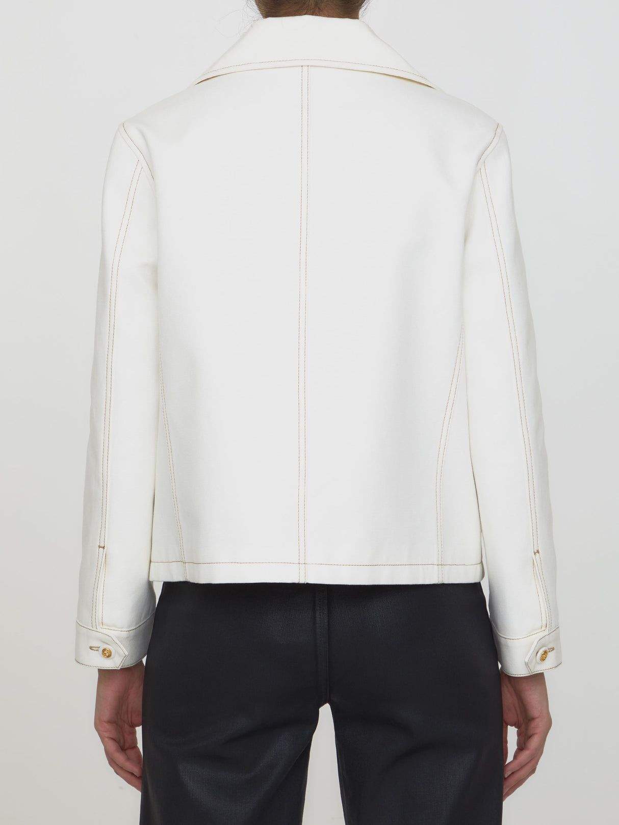 White Canvas Jacket with Contrasting Color Stitching and GG Logo Buttons