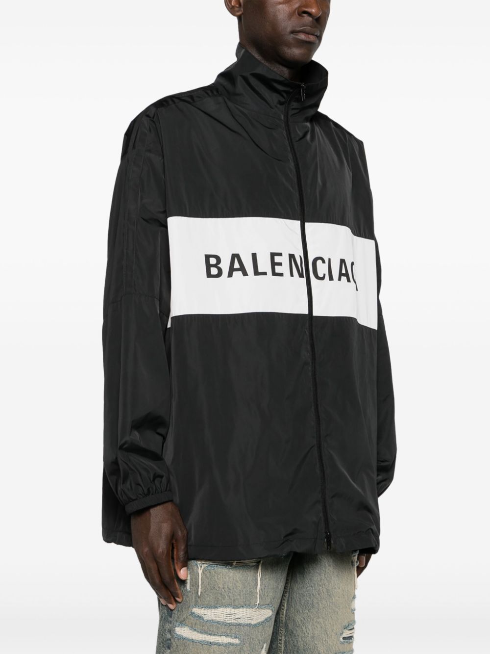 BALENCIAGA Men's Black Midnight Blue Lightweight Windbreaker with Panel Detailing and Logo Print