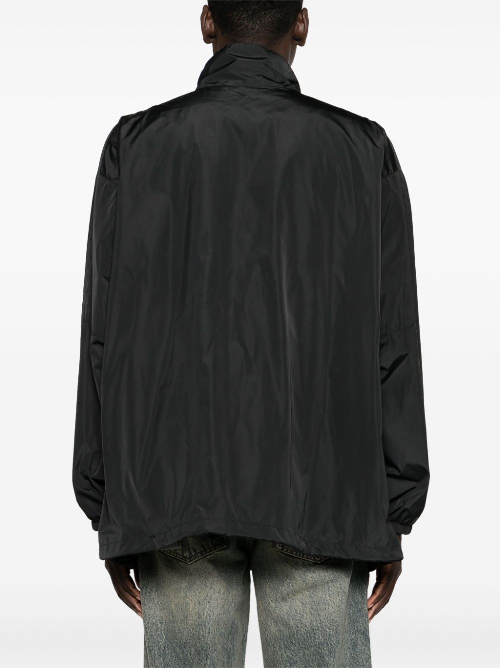 BALENCIAGA Men's Black Midnight Blue Lightweight Windbreaker with Panel Detailing and Logo Print