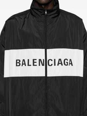 BALENCIAGA Men's Black Midnight Blue Lightweight Windbreaker with Panel Detailing and Logo Print