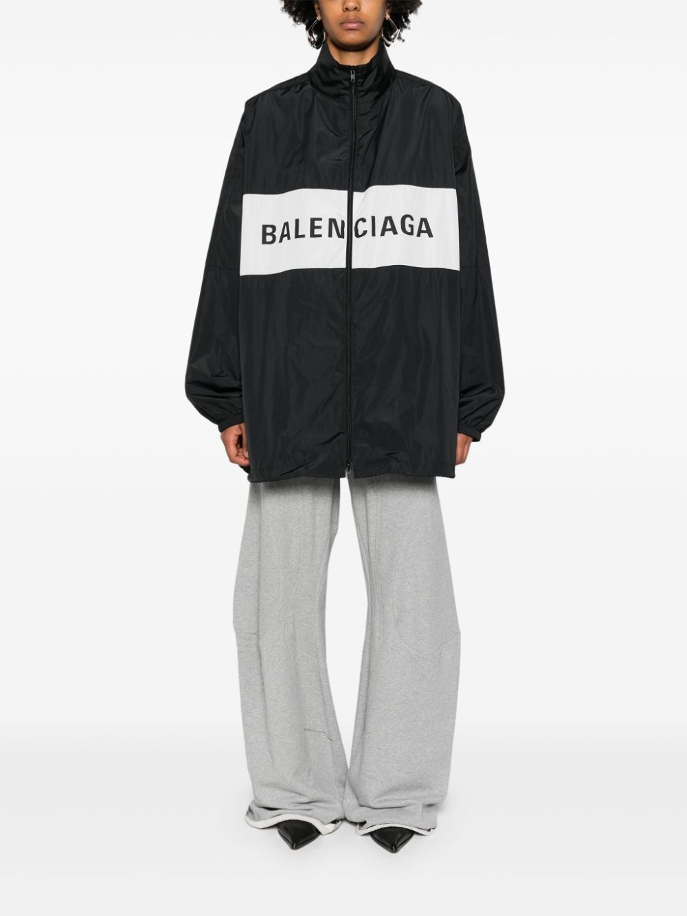 BALENCIAGA Men's Black Midnight Blue Lightweight Windbreaker with Panel Detailing and Logo Print